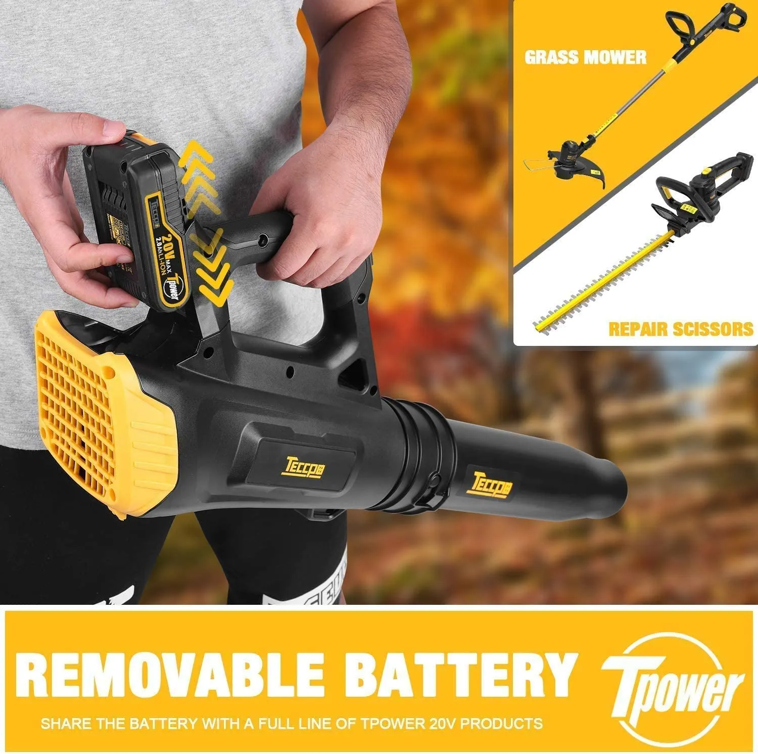 TECCPO Cordless Leaf Blower 20V, Turbine Fan, 85MPH 310CFM Air Volume, Dual Speed Adjustment, 2.0AH Lithium Battery- TDAB02G