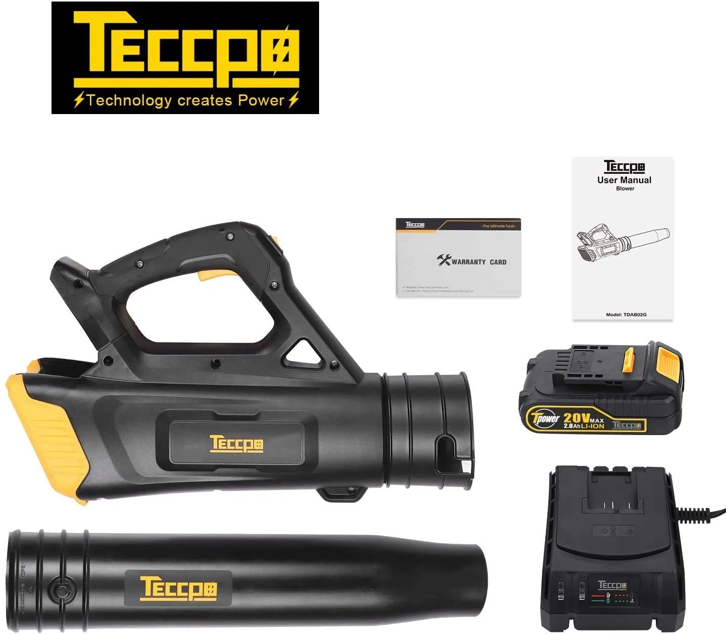 TECCPO Cordless Leaf Blower 20V, Turbine Fan, 85MPH 310CFM Air Volume, Dual Speed Adjustment, 2.0AH Lithium Battery- TDAB02G