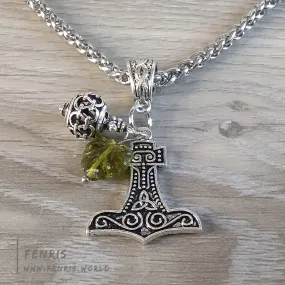 Thor's Hammer Necklace Silver Green Leaf Bead Norse Viking Style