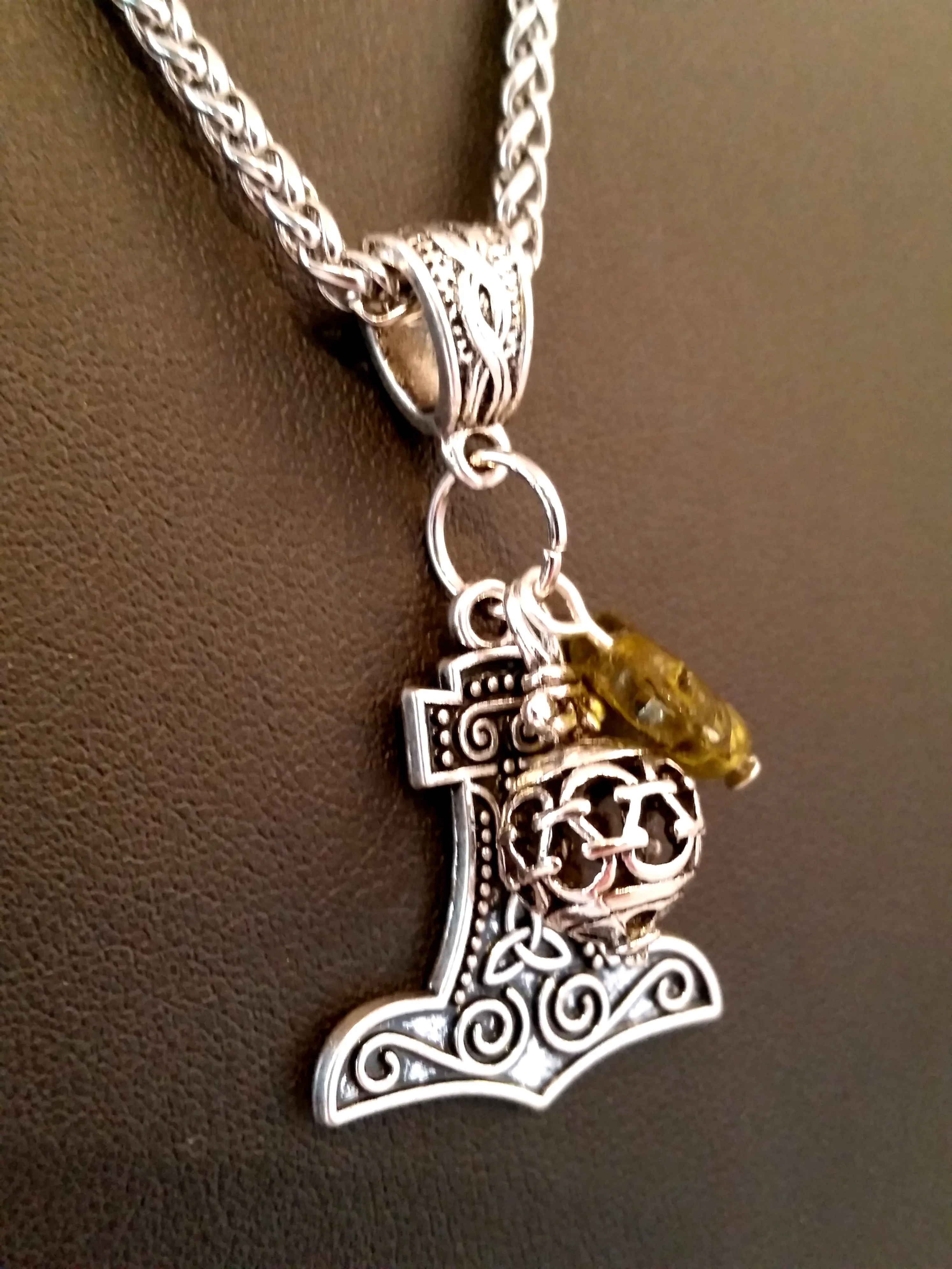 Thor's Hammer Necklace Silver Green Leaf Bead Norse Viking Style