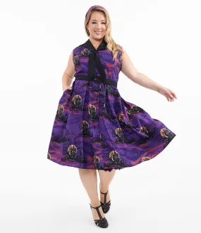 Unique Vintage Plus Size 1950s Purple Halloween Print Edith Swing Dress